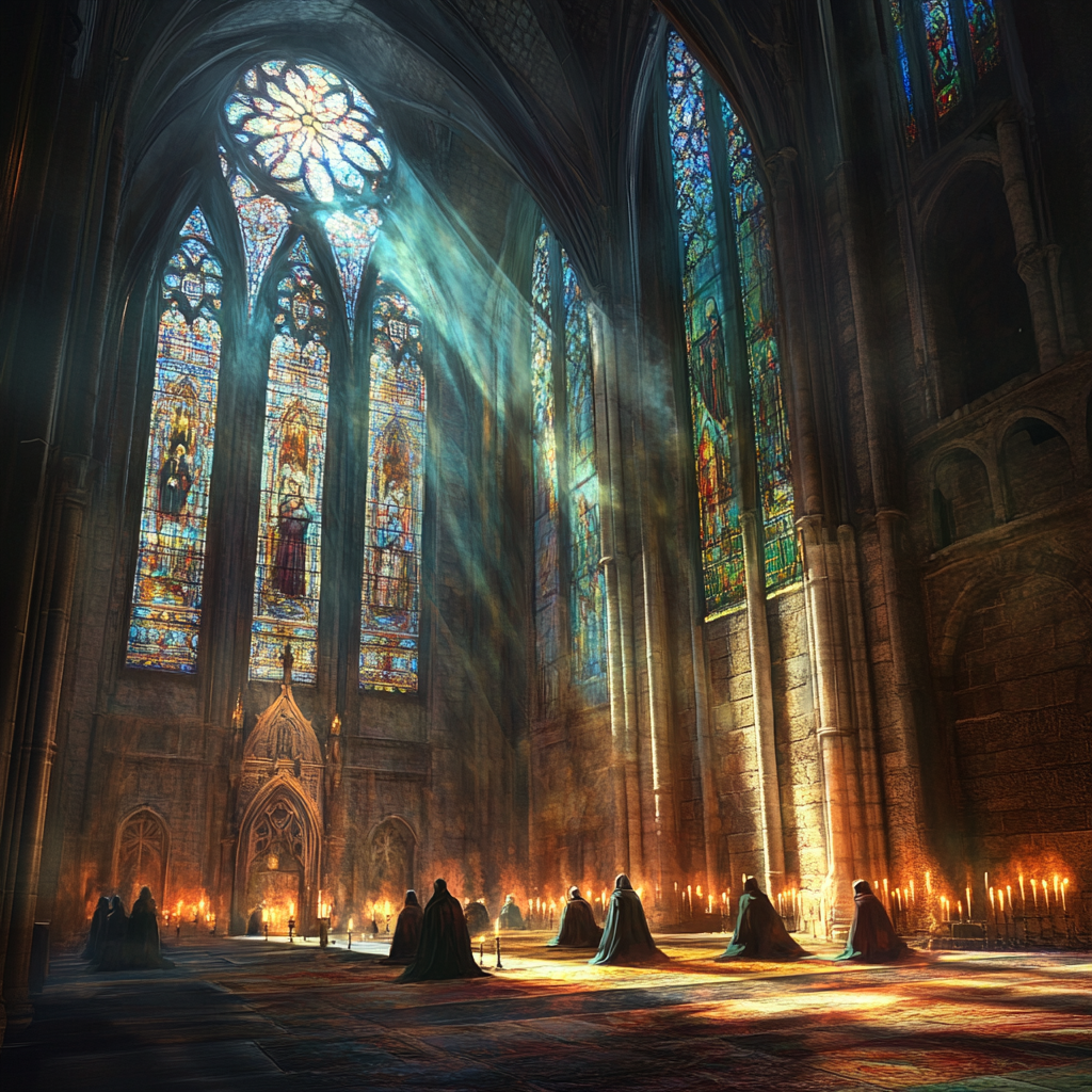 Monks Praying Inside Church with Sunbeam