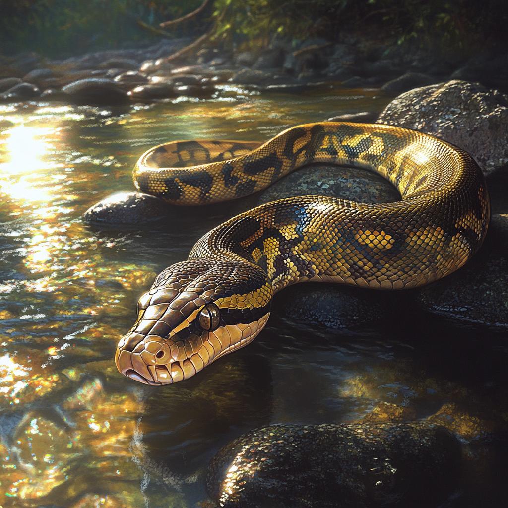 Reticulated Python on Rocks by River
