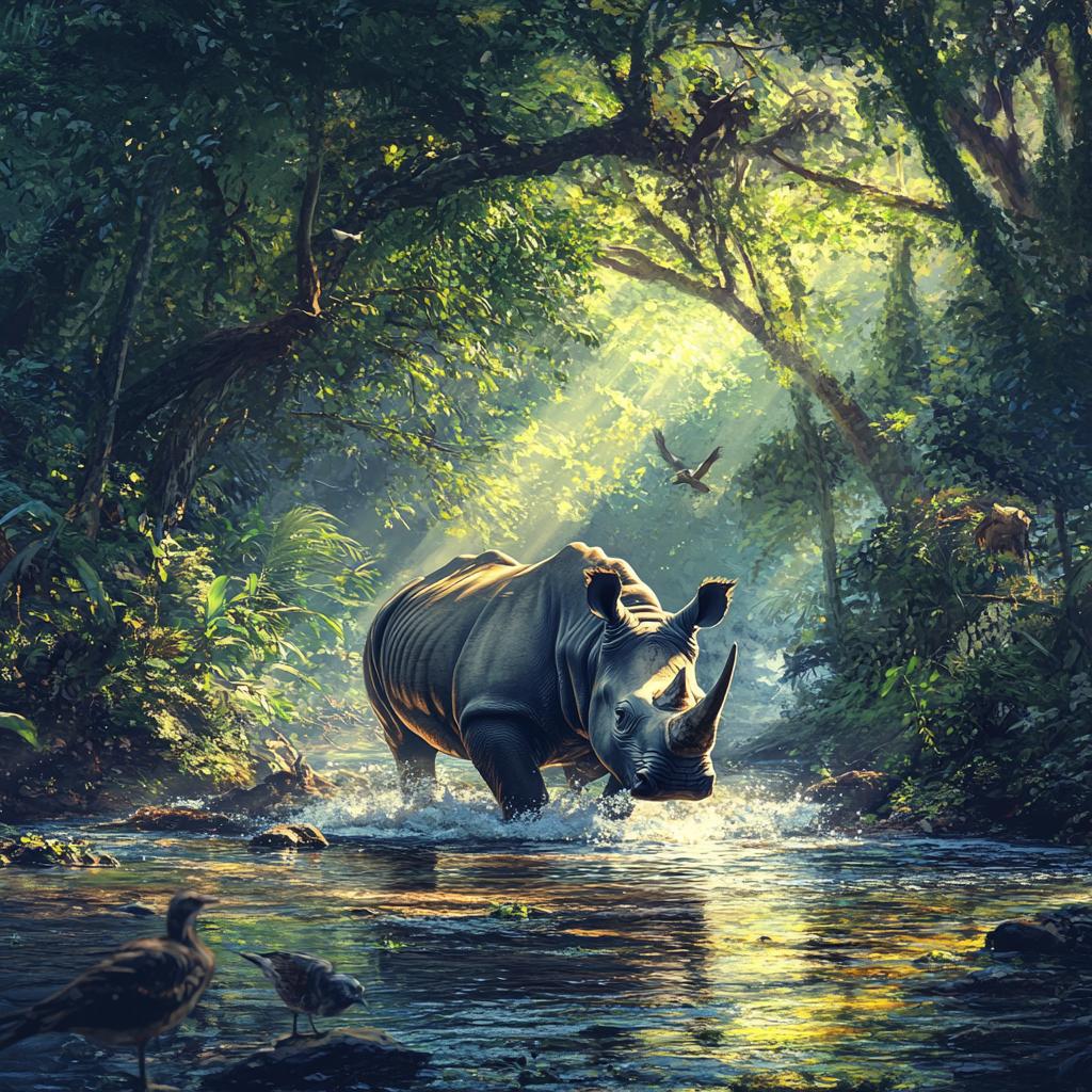 Rhino Walking Through Forest River