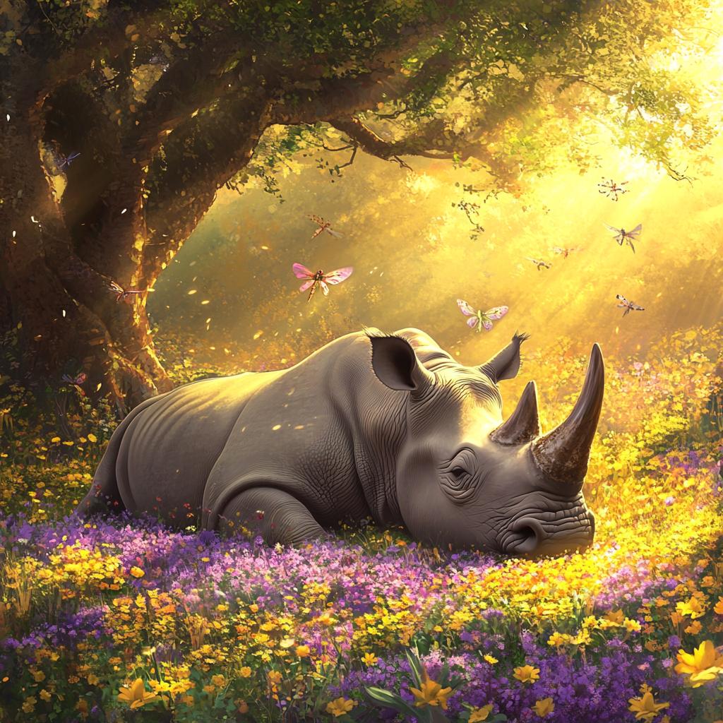 Rhino Resting in Meadow at Sunrise