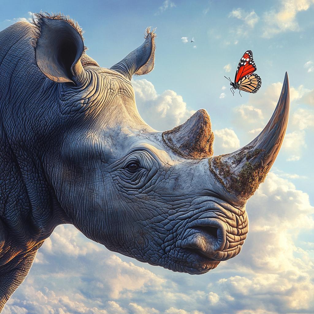 Close Up Rhino with Butterfly on Nose
