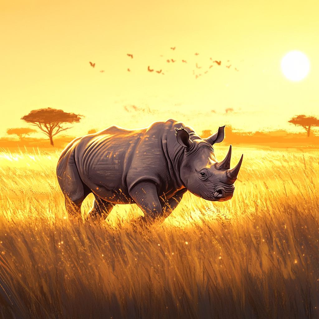 Rhino Walking on Sunburned Savannah