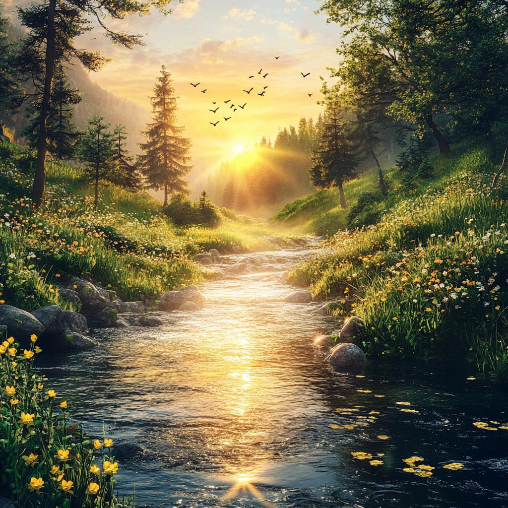 Sunrise River Scene with Trees and Grass