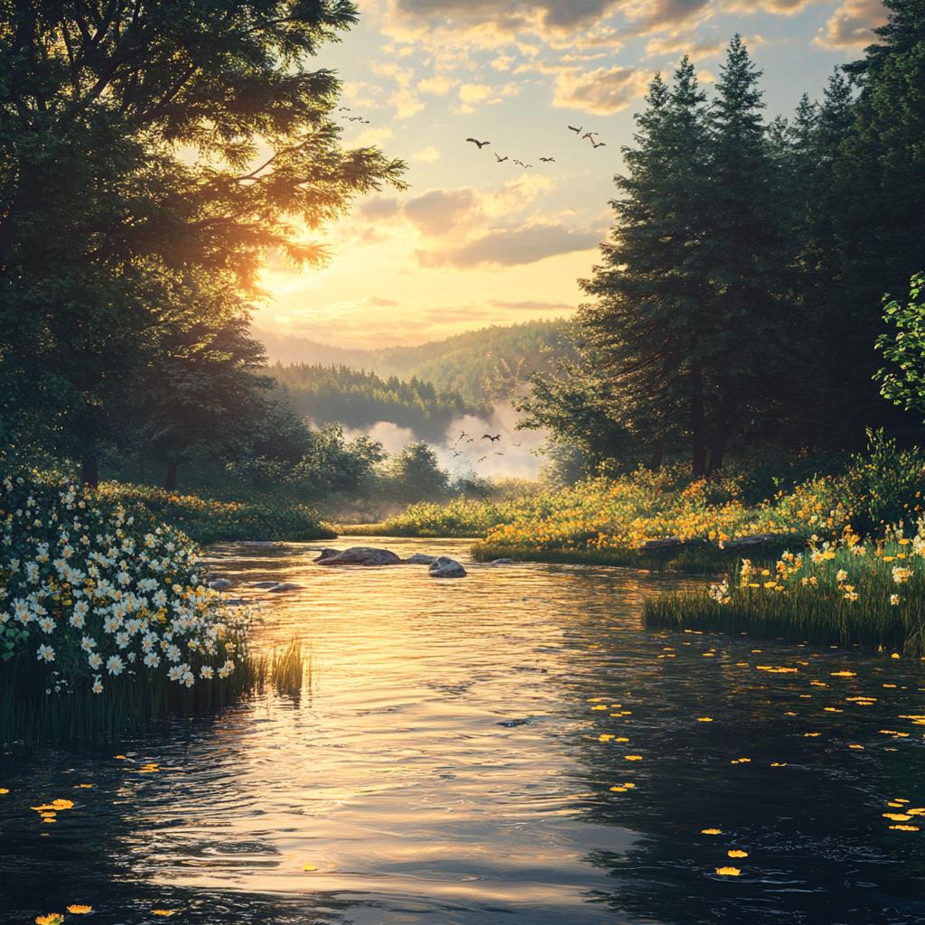Morning River Scene with Grassy Banks