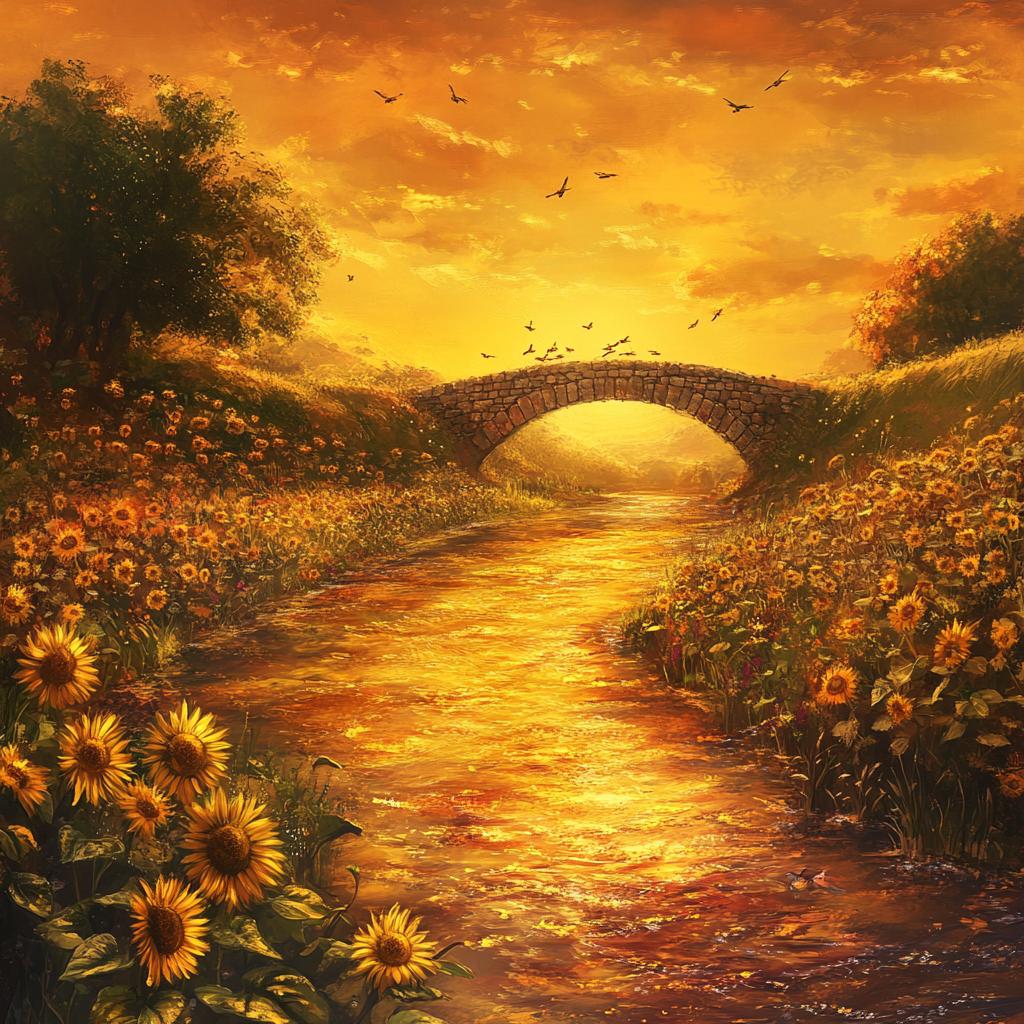 Stone Bridge Over River with Sunflowers Sunset