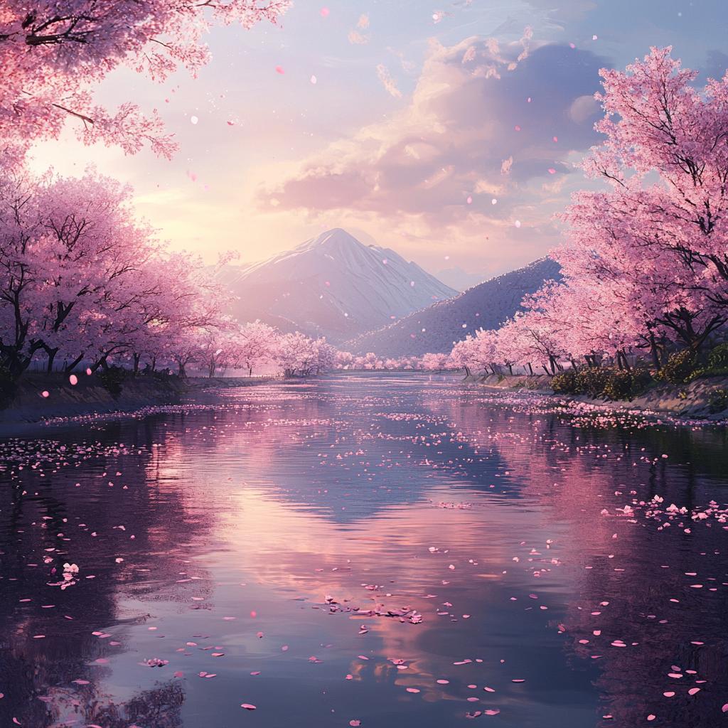 Japanese River Framed by Pink Blossoms
