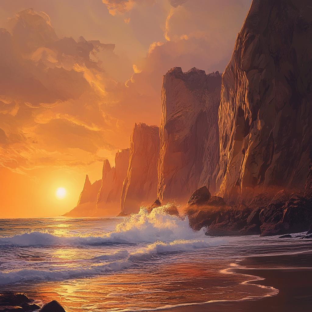 Ocean Sunset with Coastal Rock Cliff