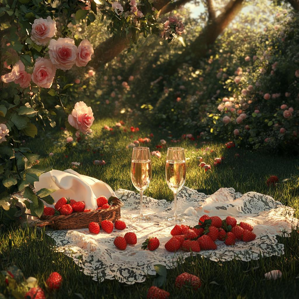 Picnic Blanket with Fruit, Wine and Flowers