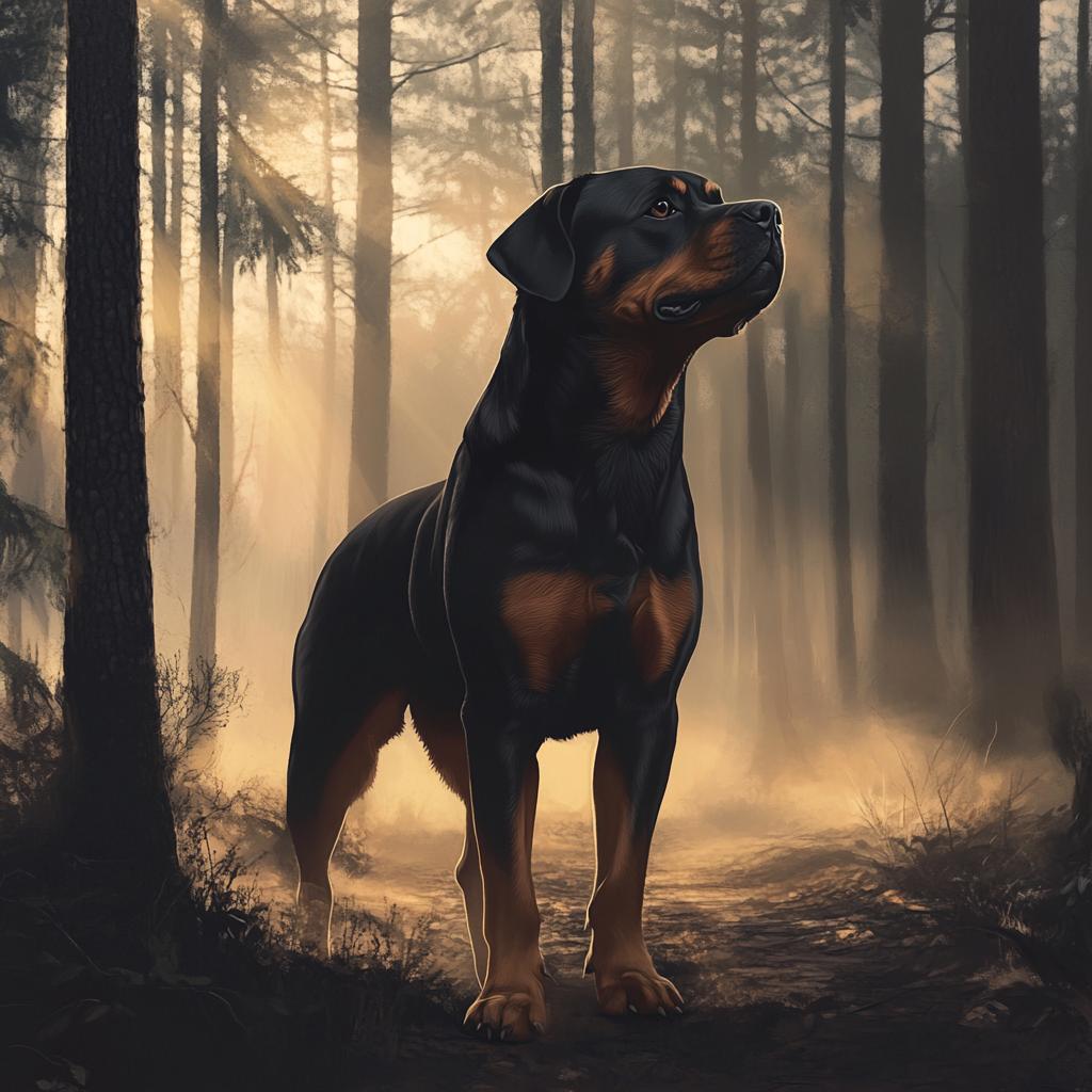 Rottweiler Standing in Misty Forest