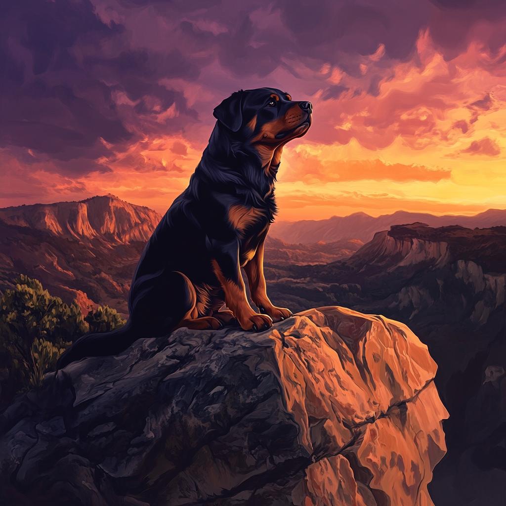 Rottweiler Sitting on Rock at Sunset