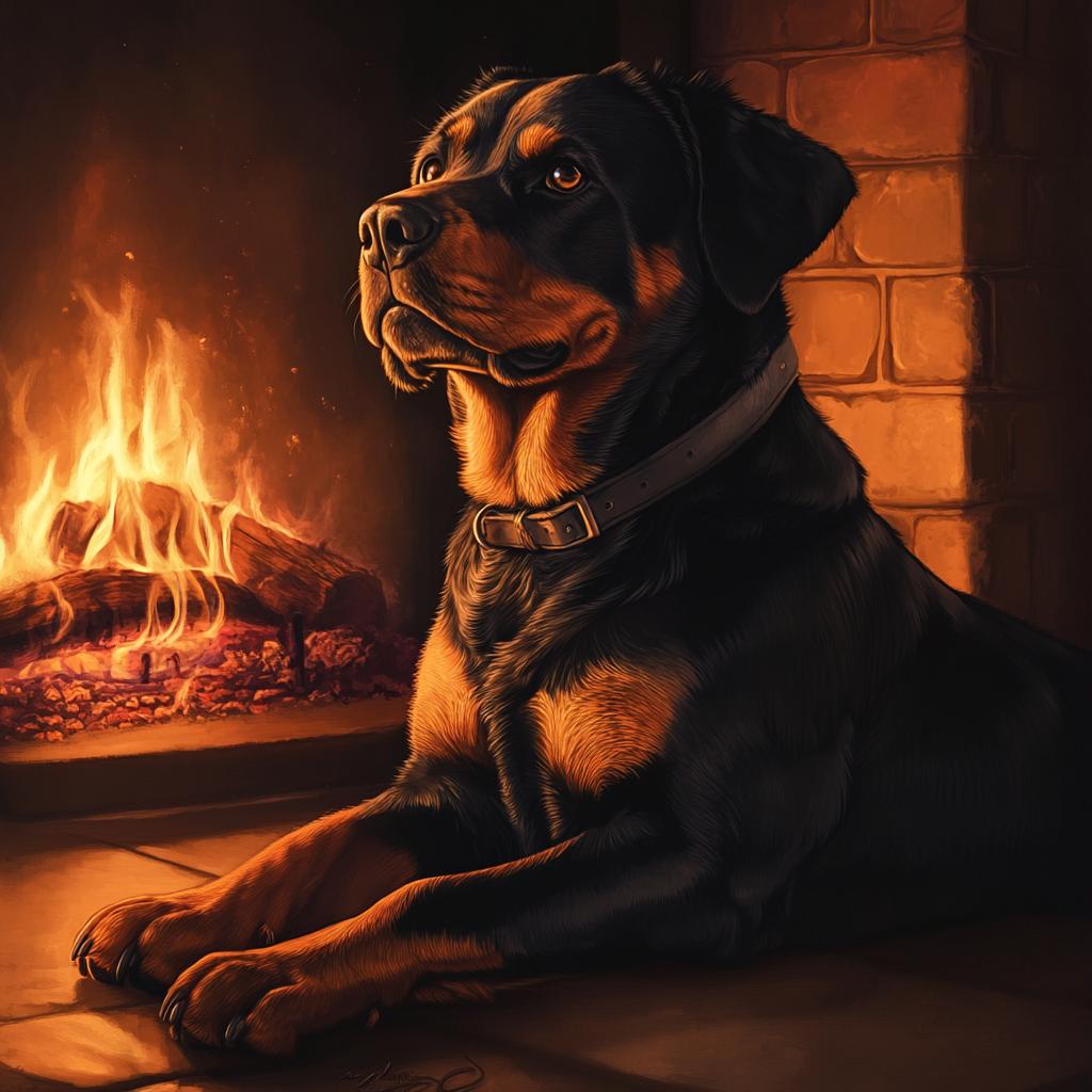 Rottweiler Resting by Fireplace