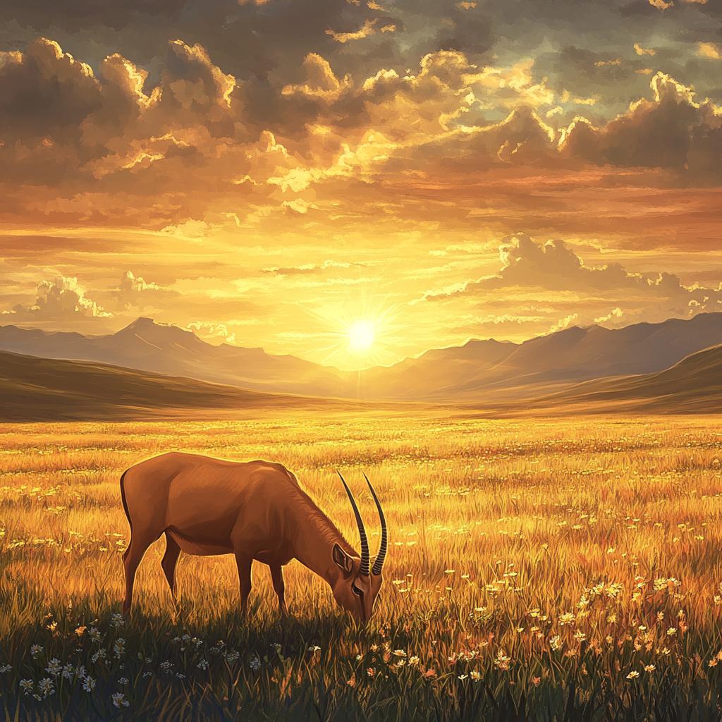 Saiga Antelope Eating in Sunset Grassfield
