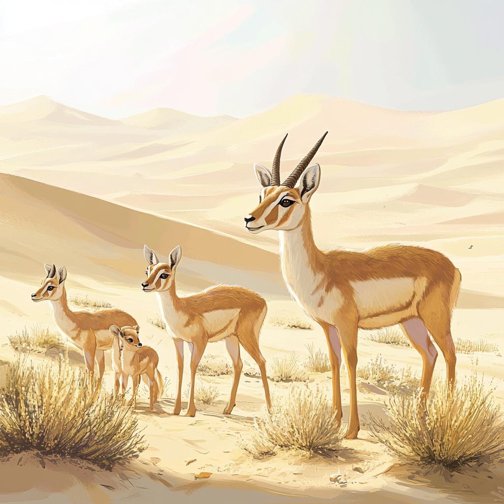 Saiga Antelope Mother with Calves in Desert