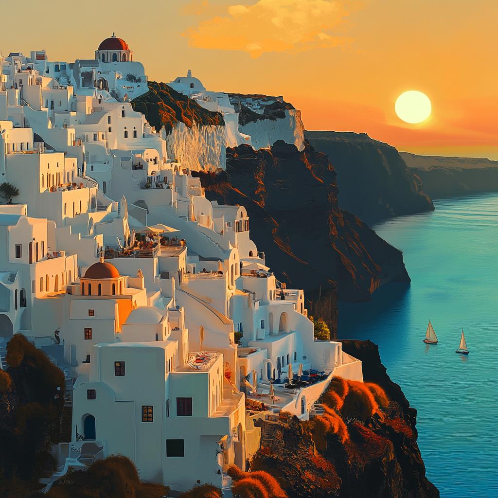 Santorini White Buildings with Pink Trees at Sunset