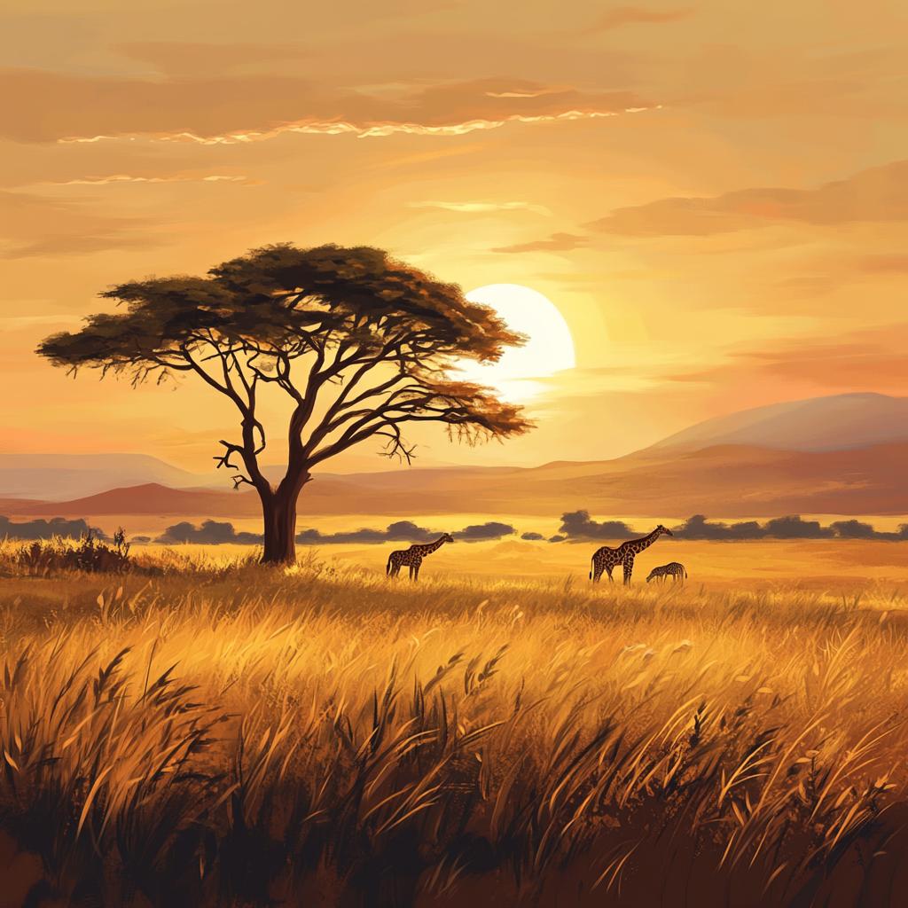 Savannah Sunset with Giraffes and Tree