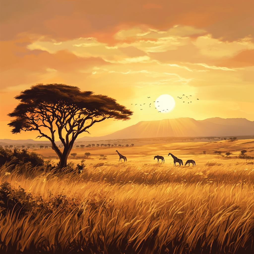 African Savannah with Giraffes Silhouettes