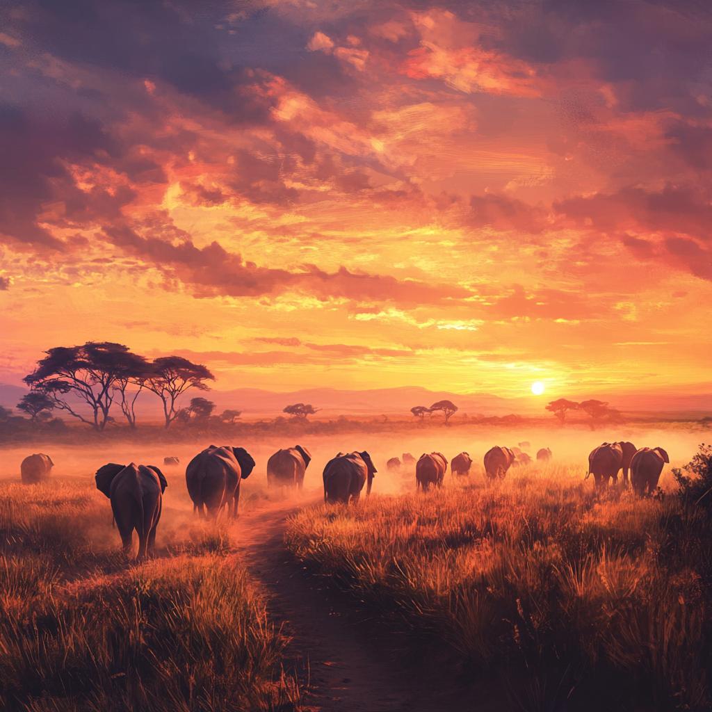 Savannah Sunset with Elephant Silhouettes