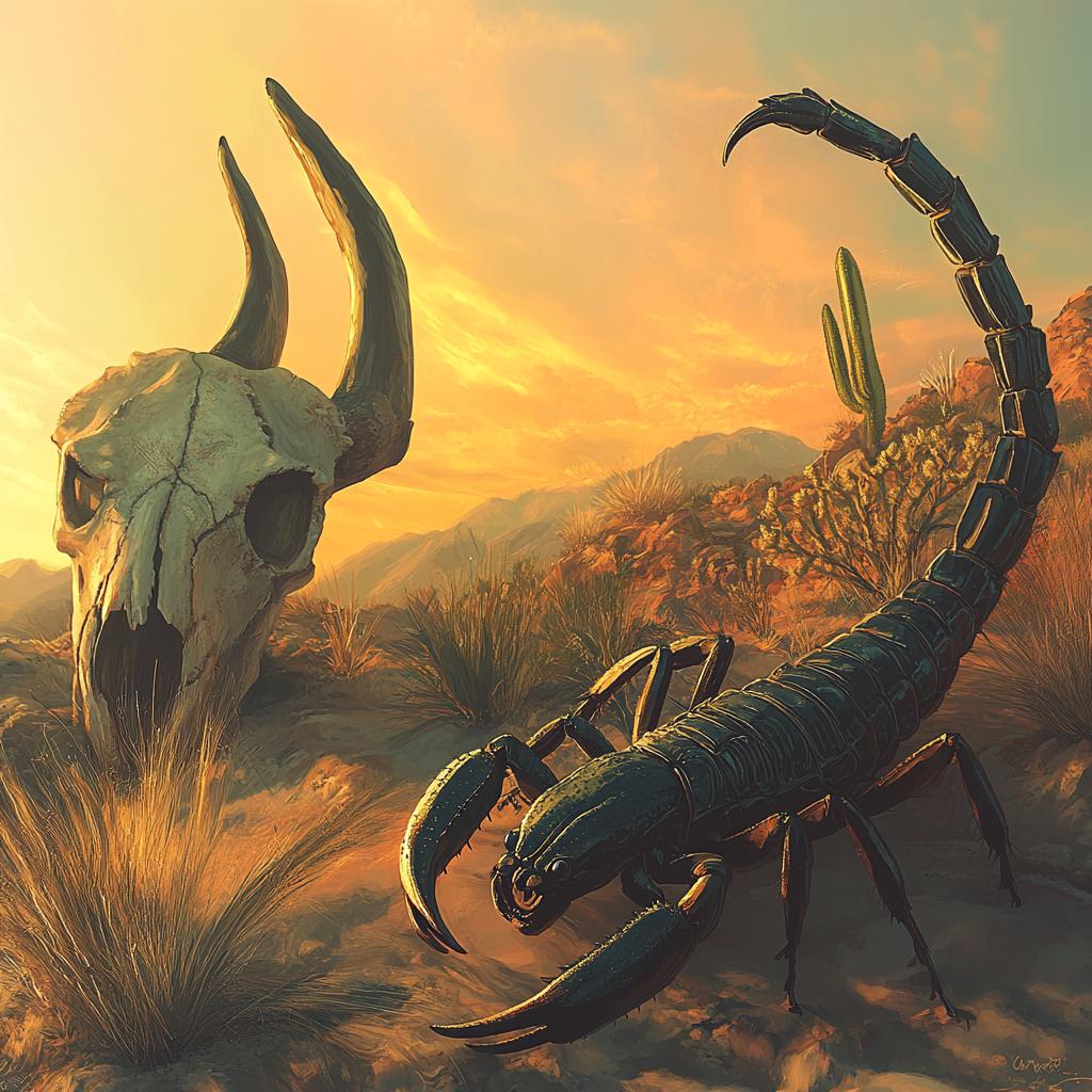 Scorpion Beside Antelope Skull in Desert