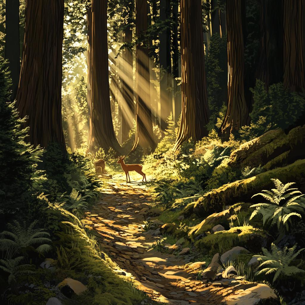 Young Reindeer Walking Under Sunbeam Sequoia