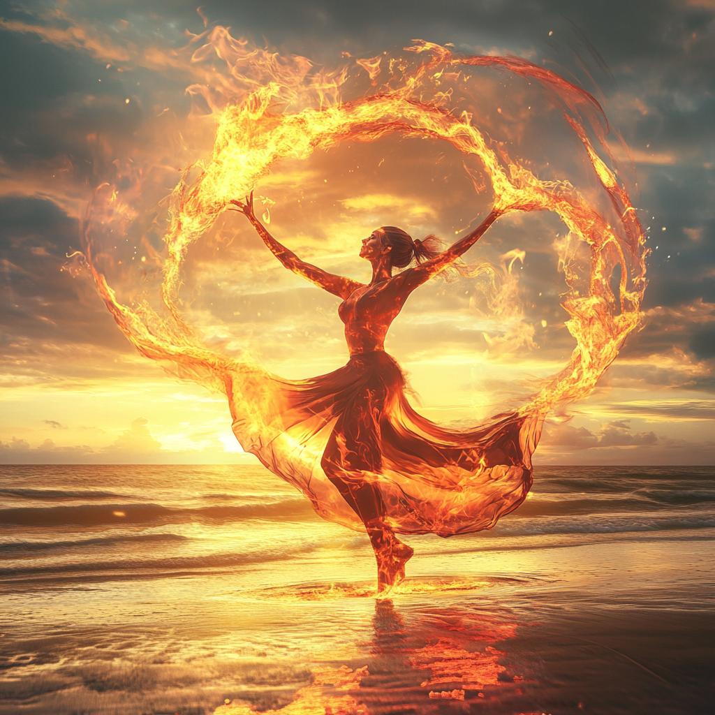 Woman Turning Into Fire at Sunset Coast