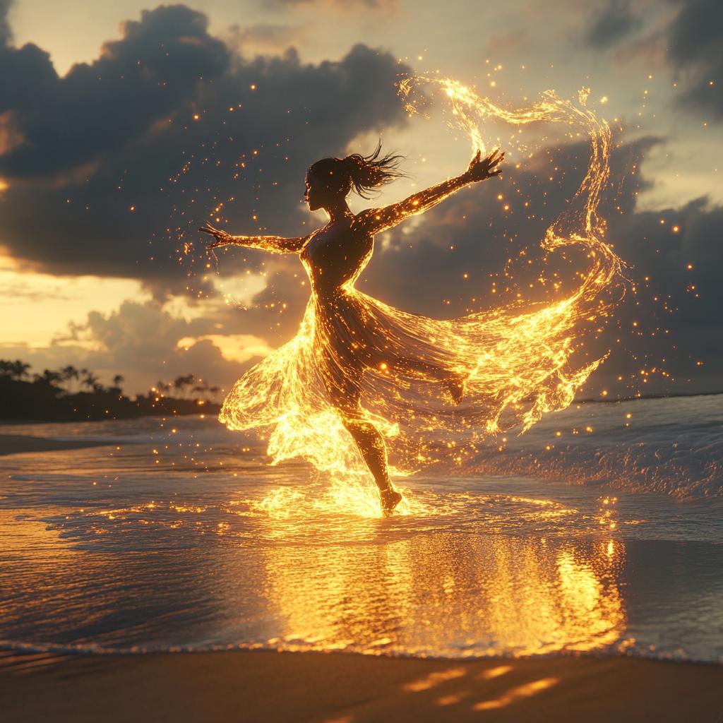 Fiery Shapeshift Woman by Ocean Sunset