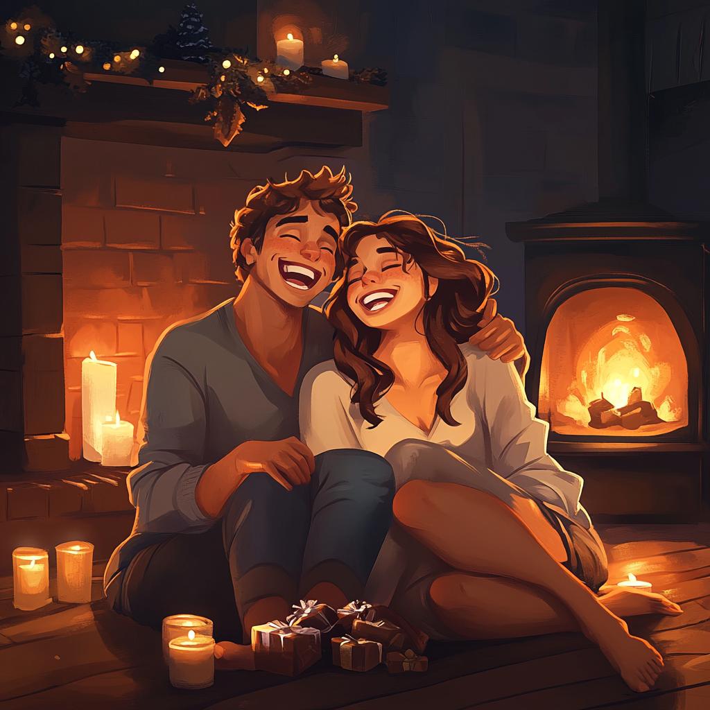 Couple Cuddling by Fireplace
