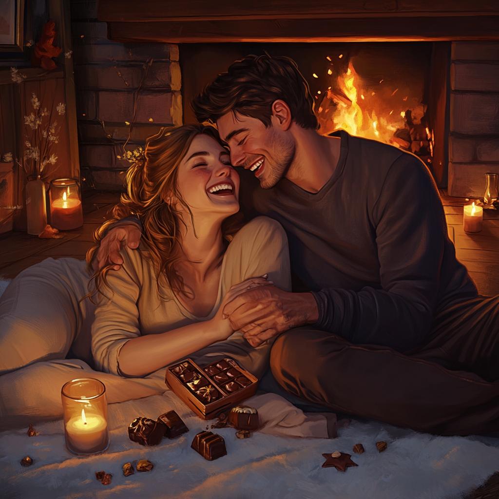 Romantic Couple by Fireplace Laughing