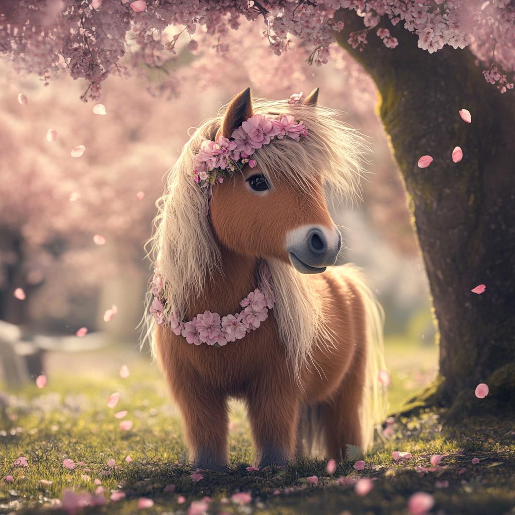Shetland Pony Under Pink Blossom Tree
