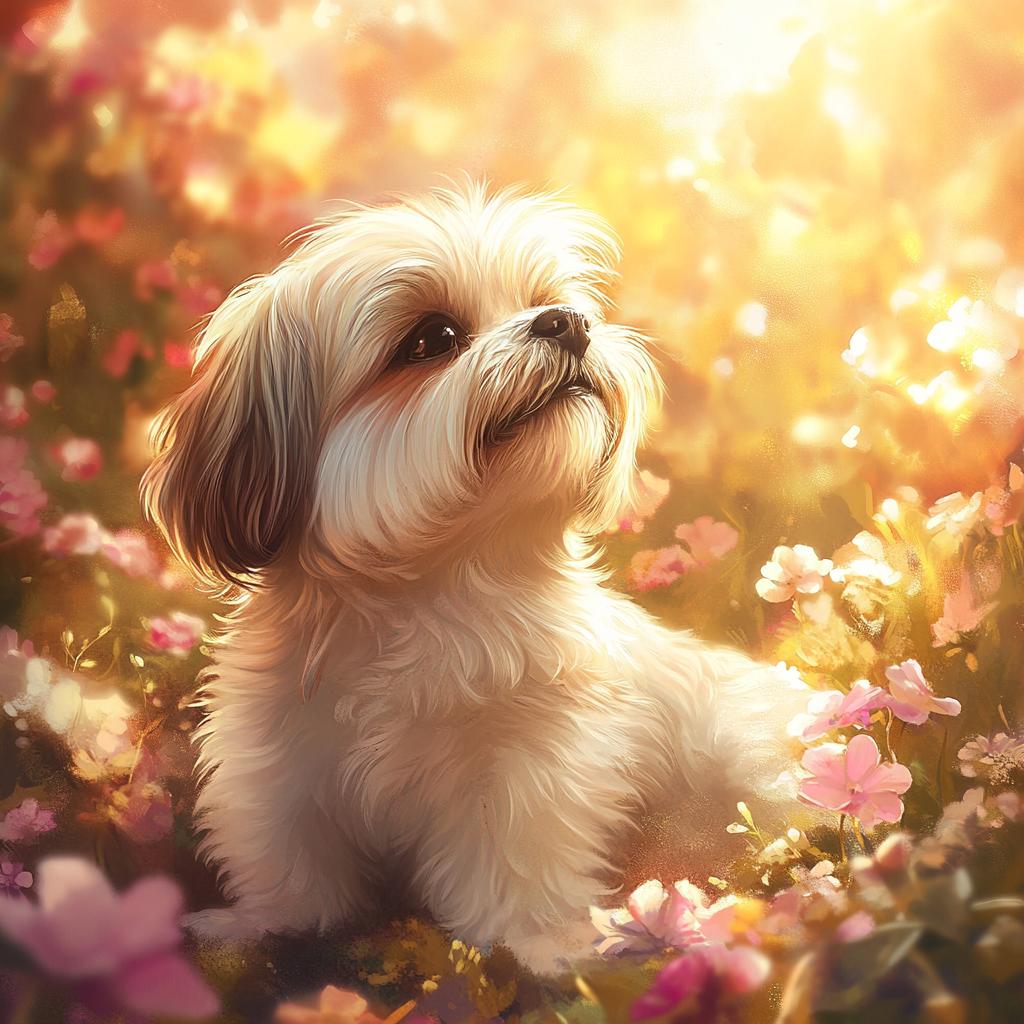Shih Tzu at Sunrise in White Flowers