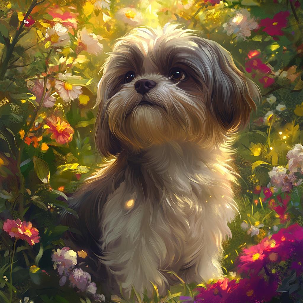 Shih Tzu Portrait Among Colorful Flowers