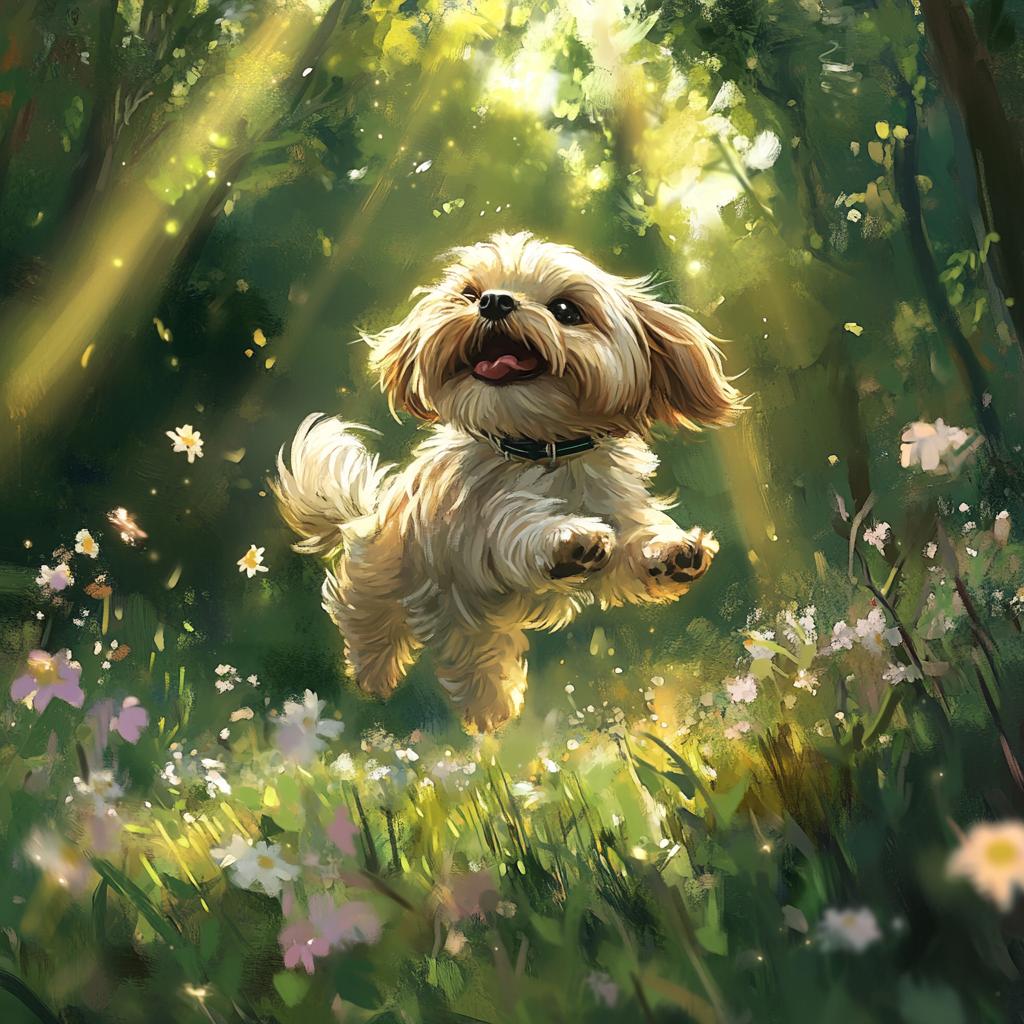Happy Shih Tzu Jumping in Sunlit Grass