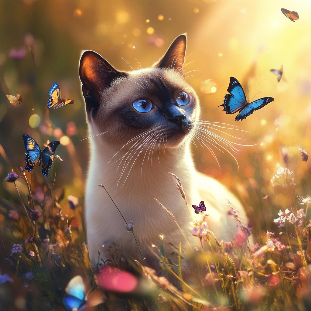 Siamese Cat Playing with Blue Butterfly