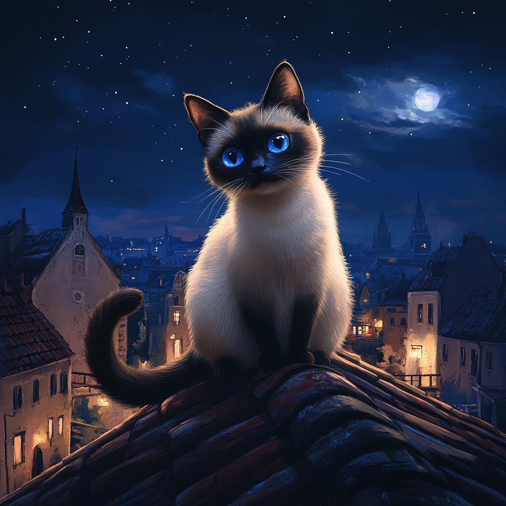 Siamese Cat on Rooftop at Night