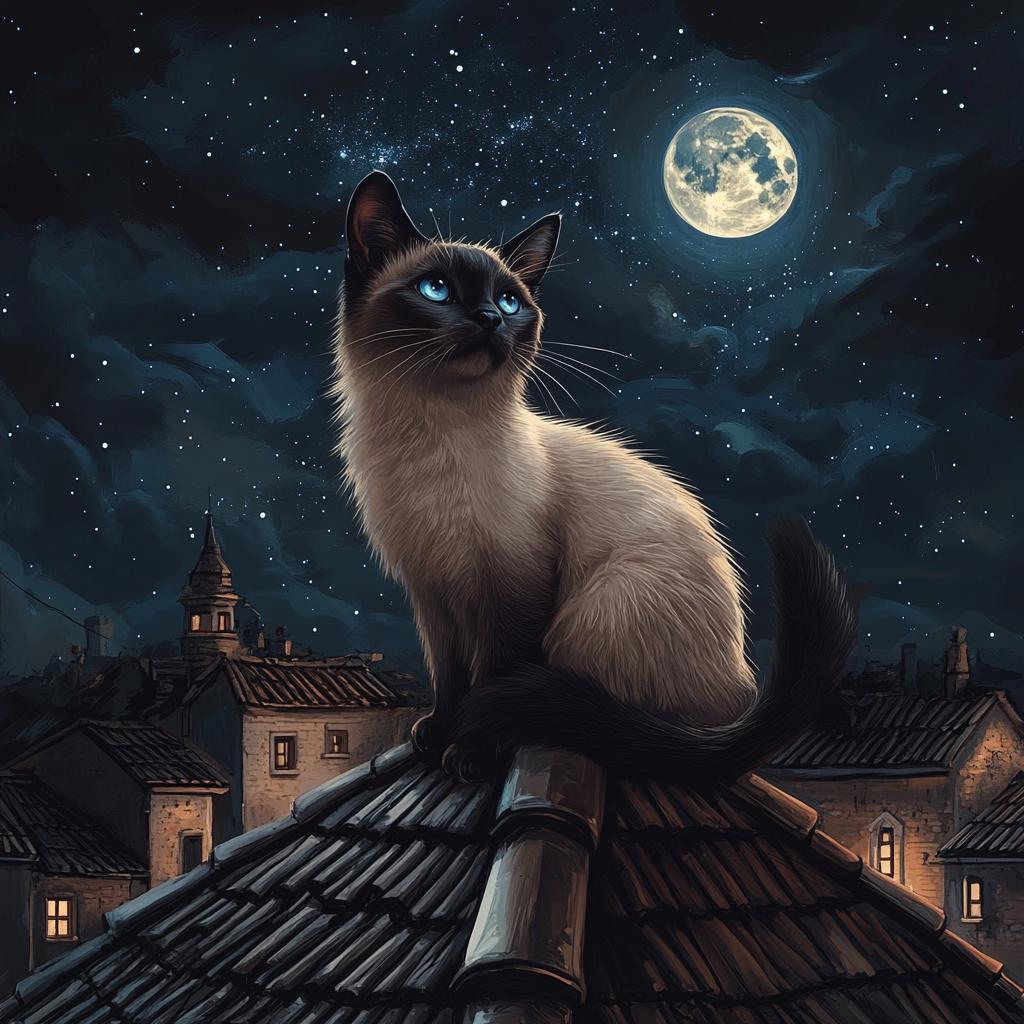 Siamese Cat Watching Moon from Roof