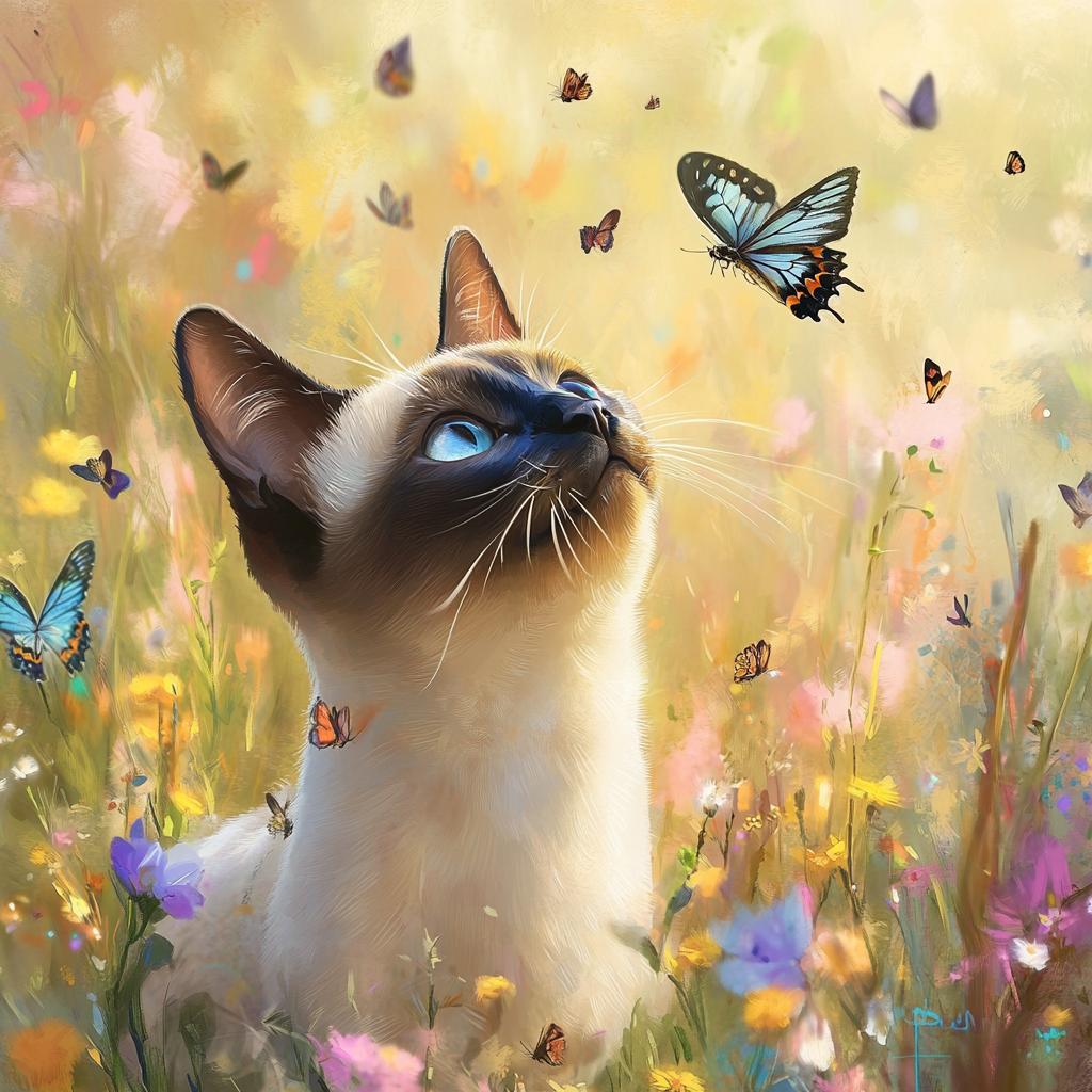 Siamese Cat with Butterfly Playful Scene