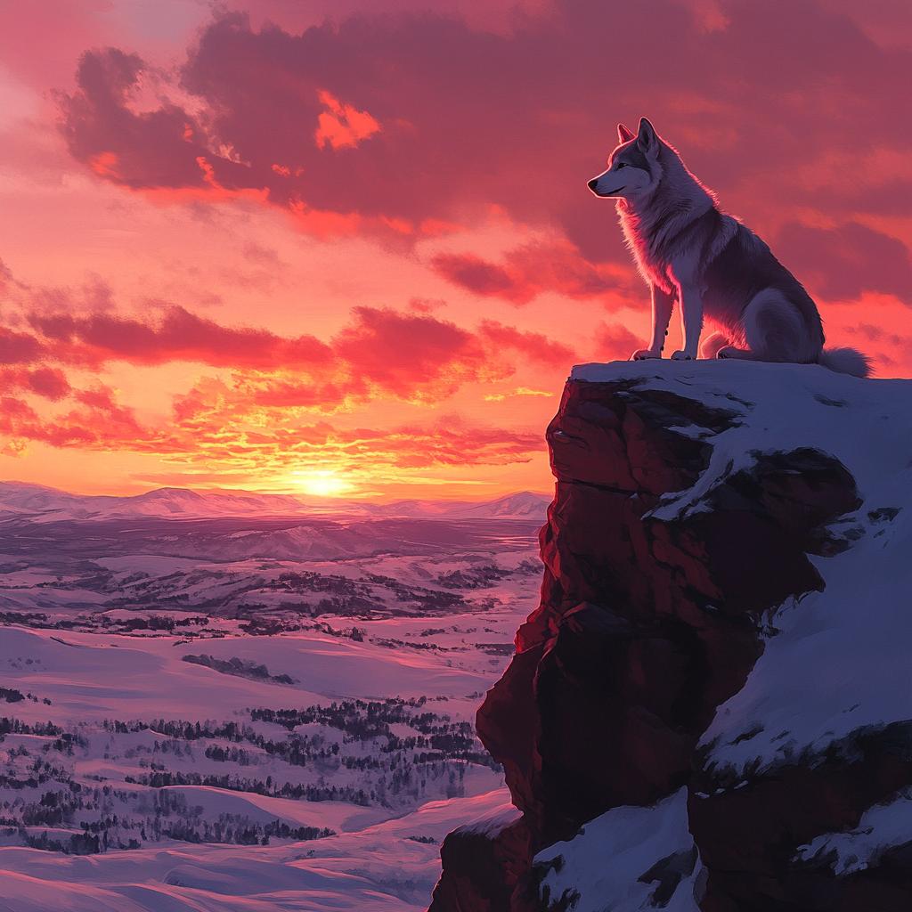 Siberian Husky Sitting on Cliff at Sunset
