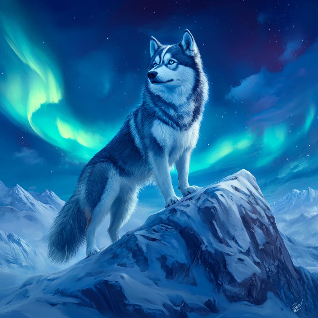 Siberian Husky on Snowy Mountain Under Northern Lights