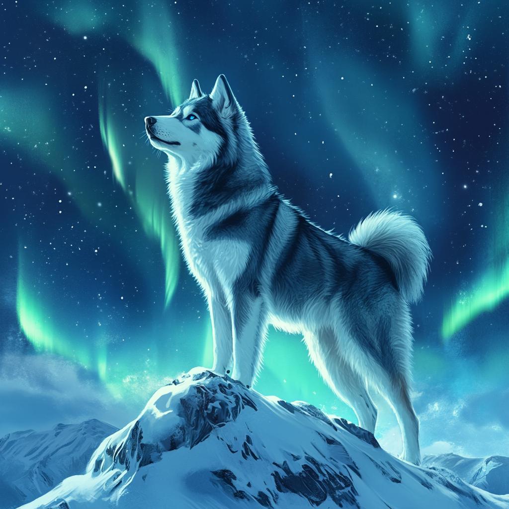 Snowy Peak Siberian Husky with Northern Lights