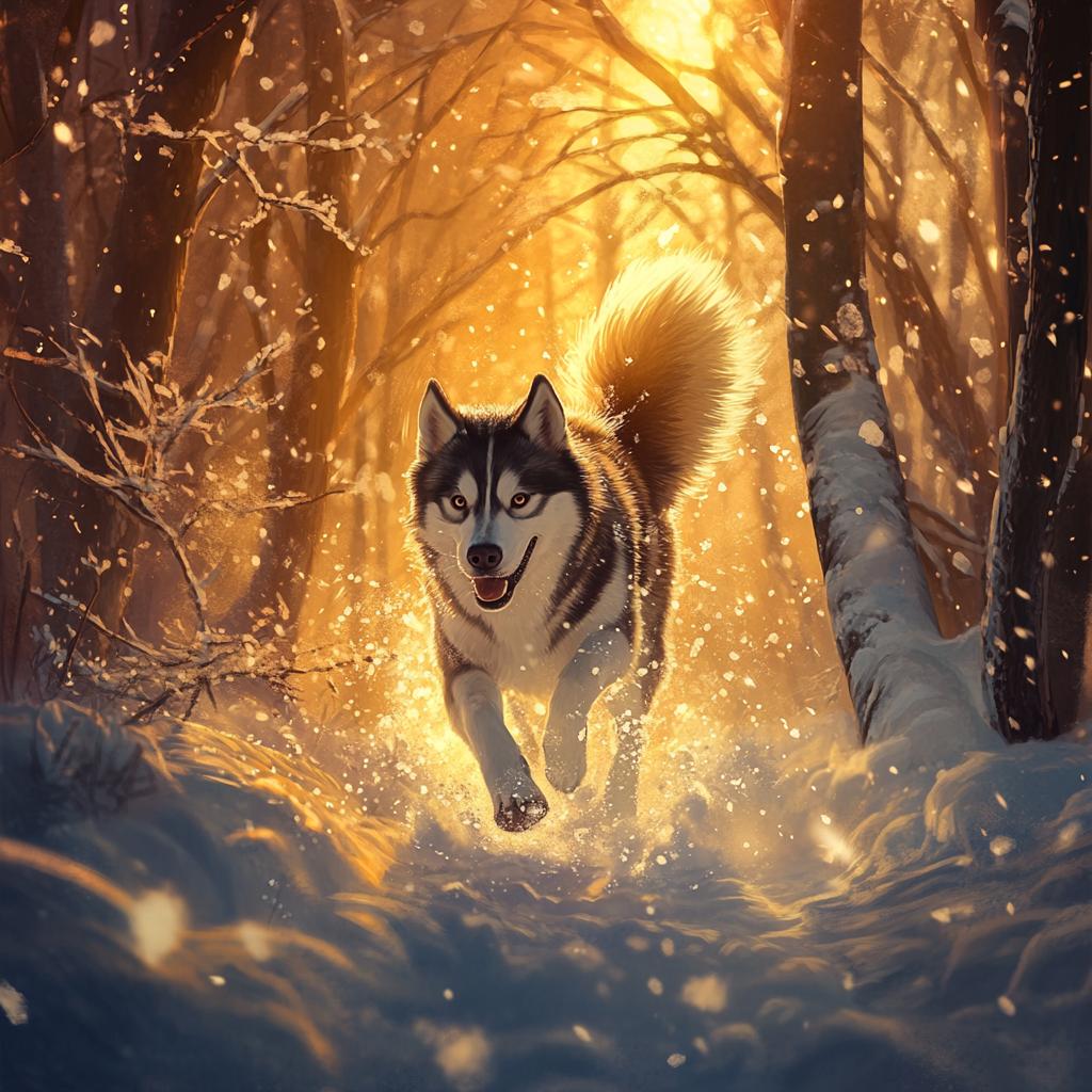 Siberian Husky Walking in Winter Forest Sunset