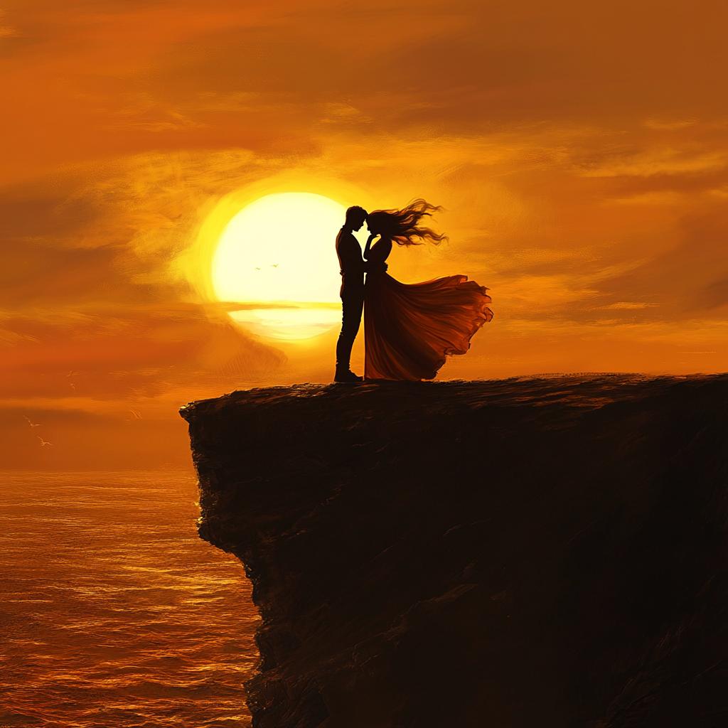 Couple Silhouette on Coastal Cliff Sunset