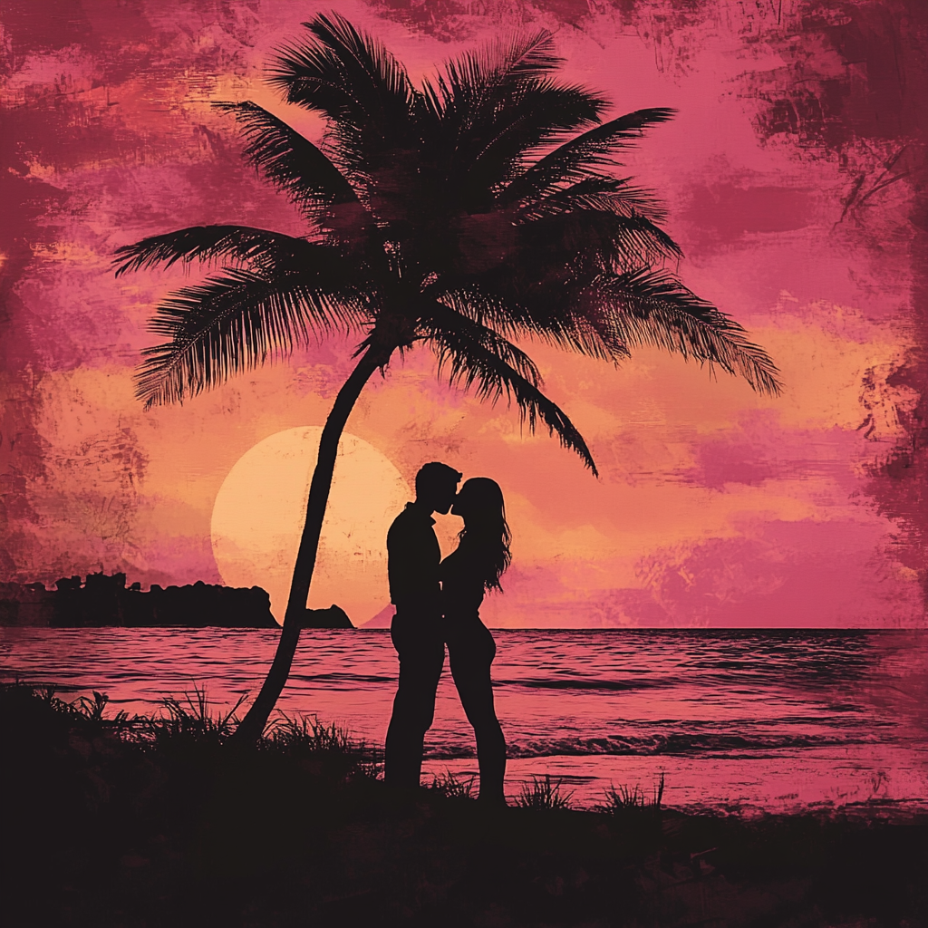 Couple Kissing Under Palm Tree Silhouette
