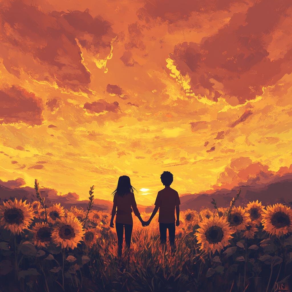 Kids Walking in Sunflower Field Silhouette