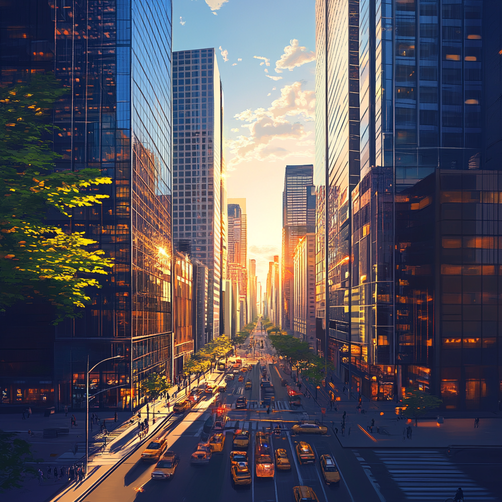 Busy Street with Taxis at Sunrise