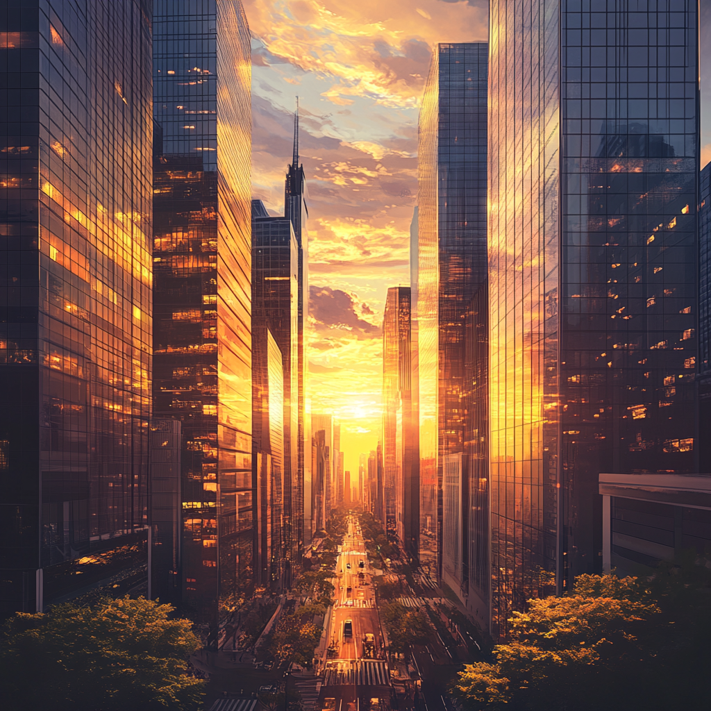 Busy City Street with Taxis at Sunset