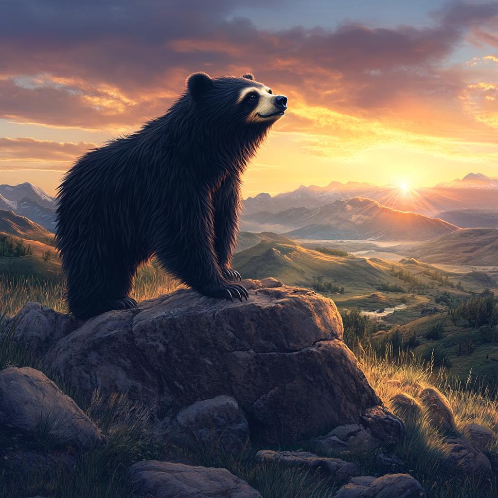 Sloth Bear on Rocks Watching Sunrise