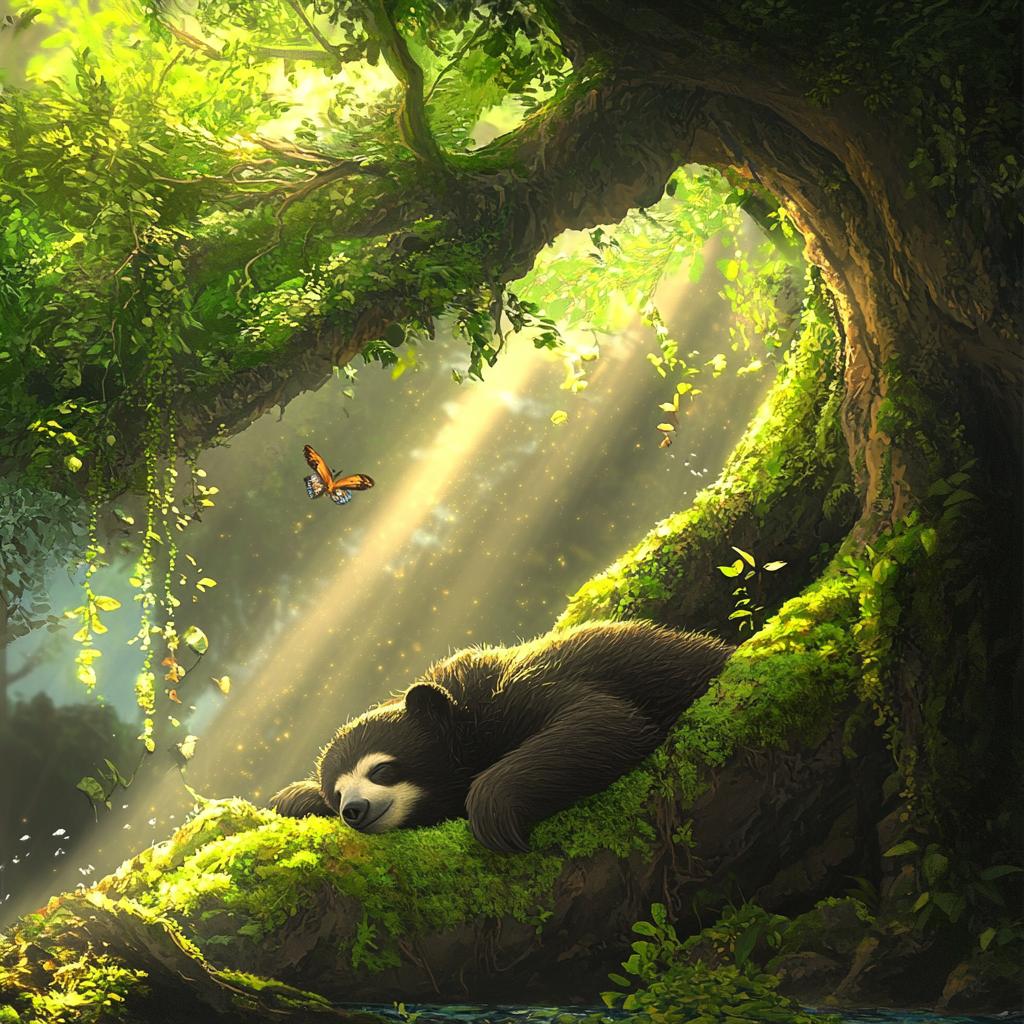 Sloth Bear Napping on Forest Roots