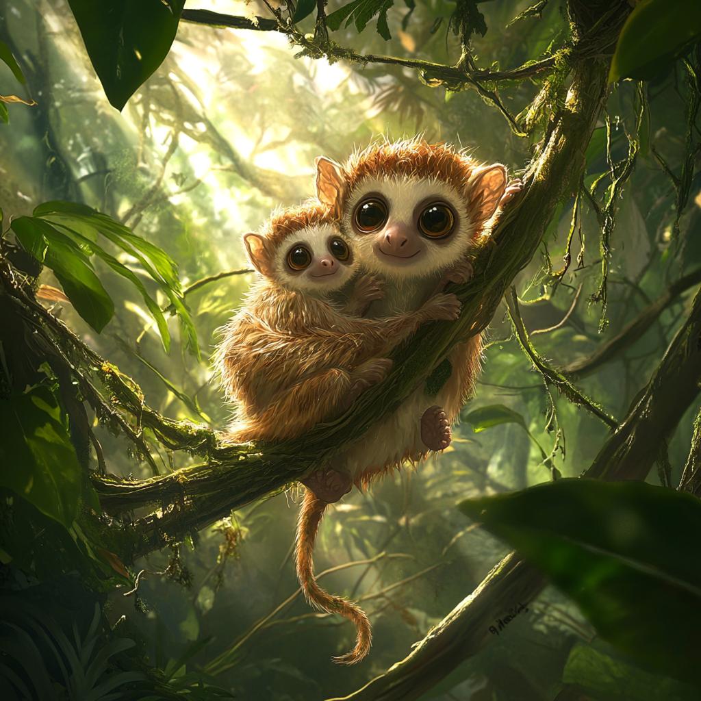 Mother Slow Loris Carrying Baby Climbing Tree