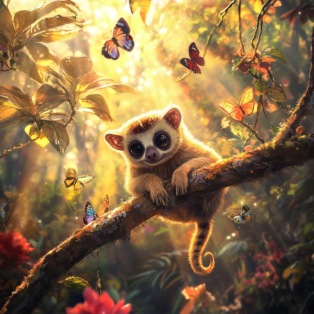 Slow Loris Hanging on Branch with Sunbeam