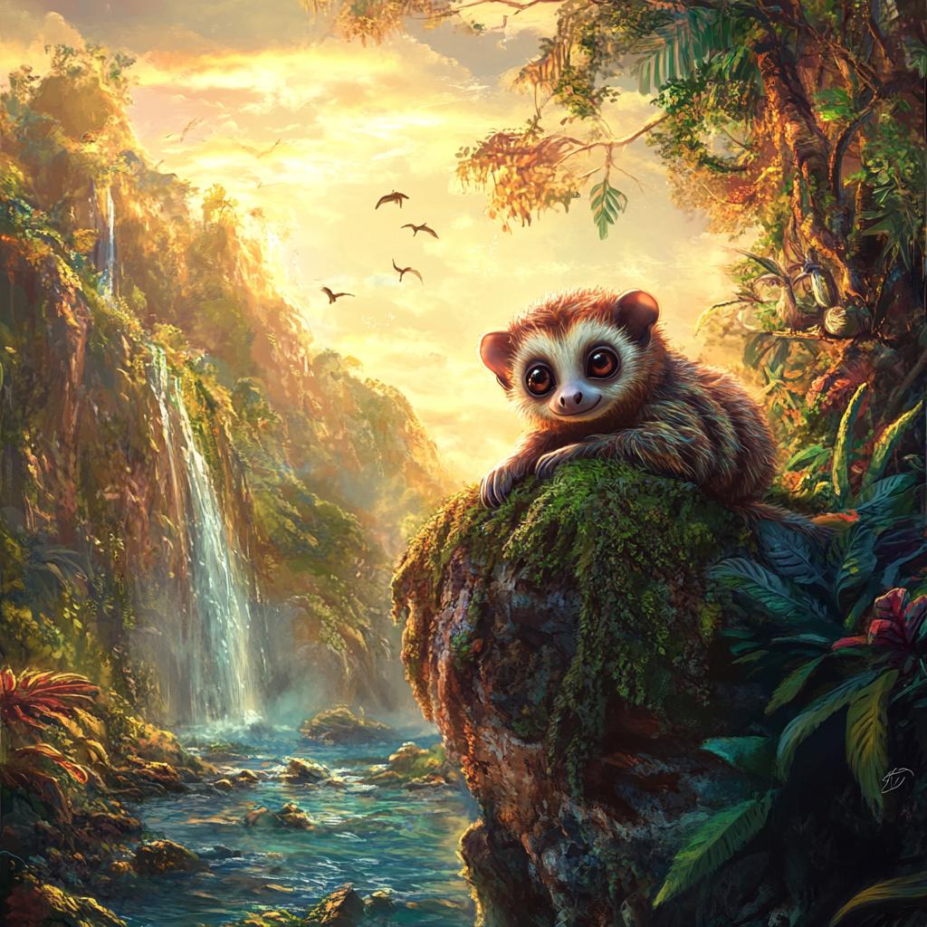 Rainforest Waterfall with Slow Loris Sitting