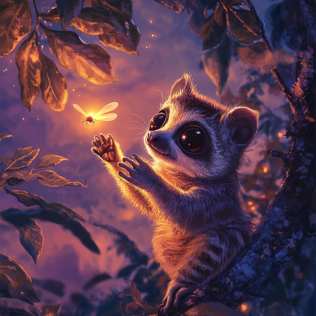 Slow Loris Playing with Fireflies Night Scene